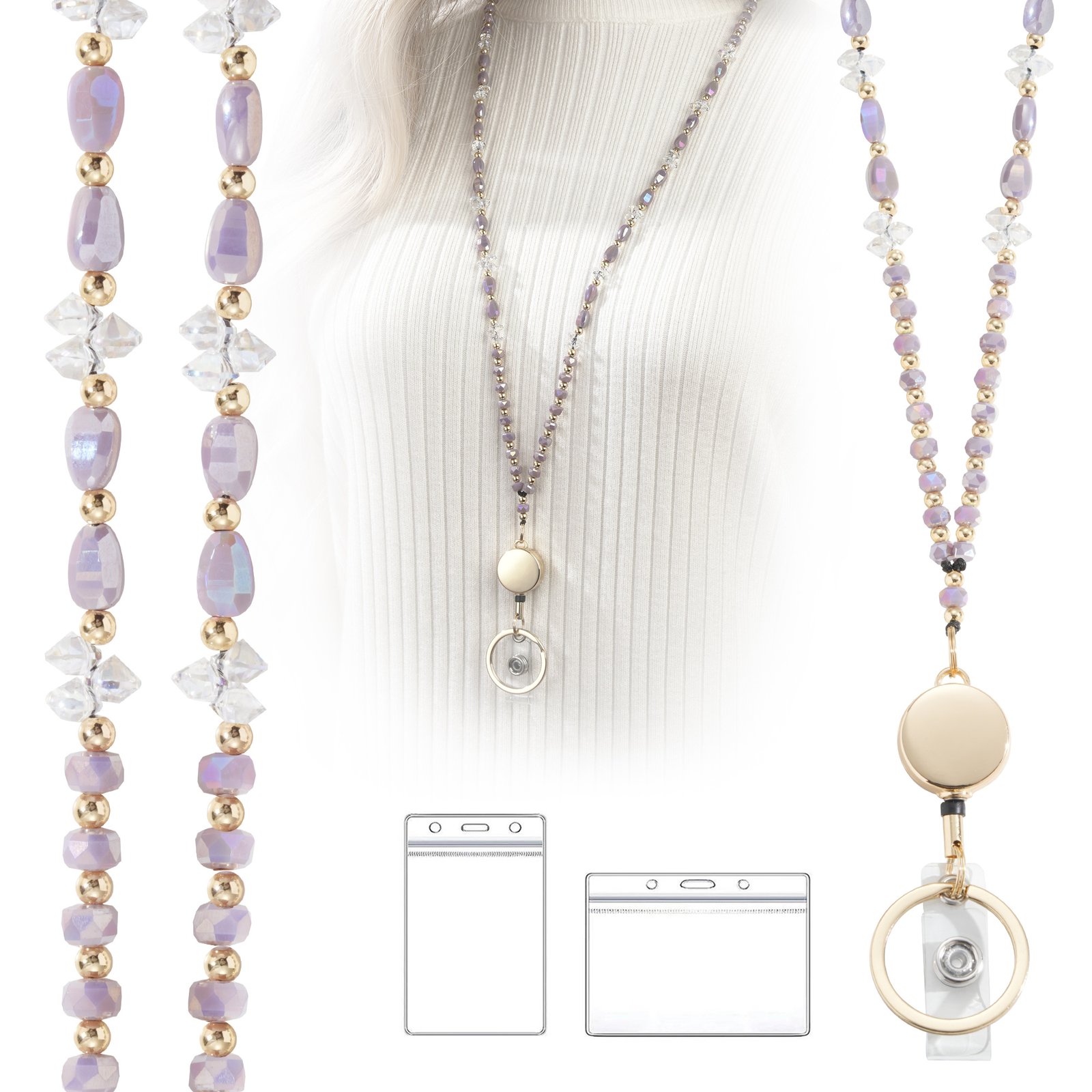 Cute Pearl Beaded Lanyard With Retractable Reel | ID Badge Lanyard For Teachers, Includes Horizontal & Vertical Card Holders