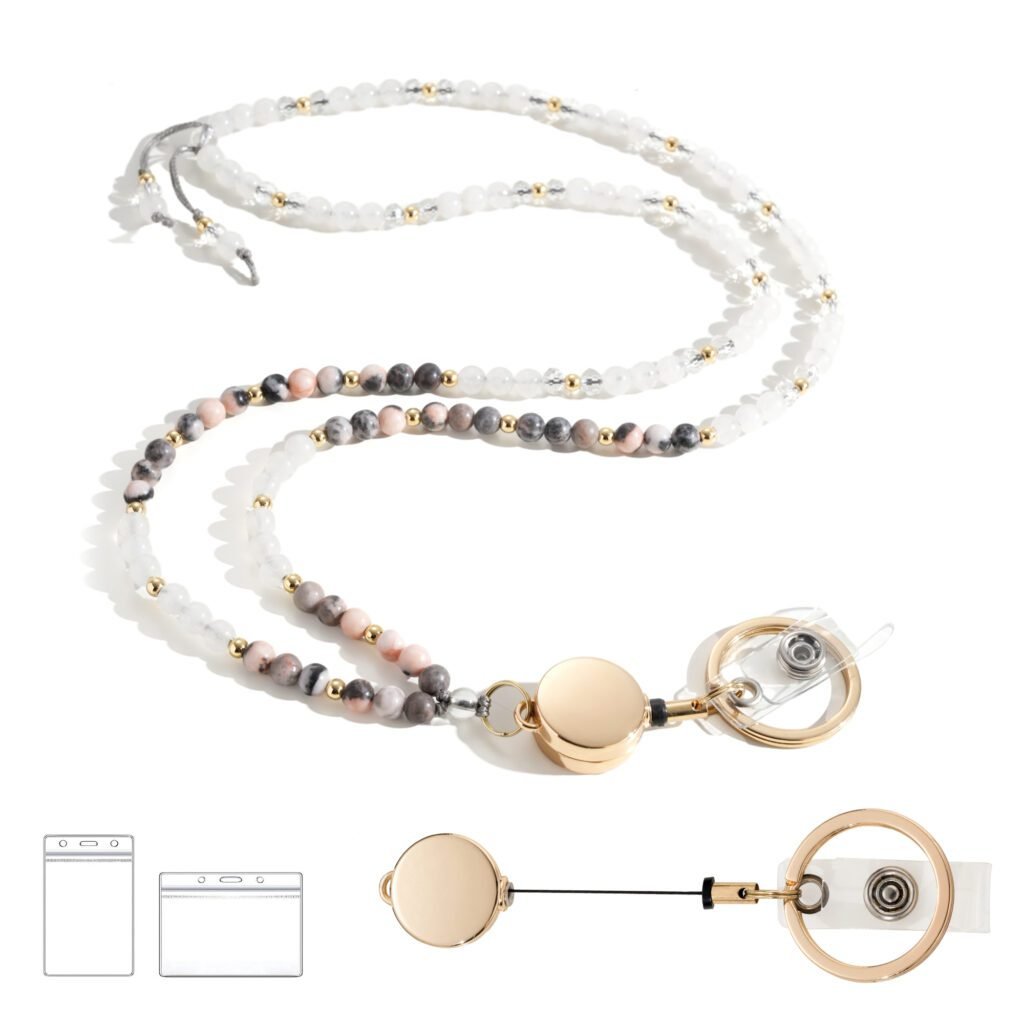 アクセサリー Lyn Ian Pink Zebra Jaspe Nature Stone Beaded Lanyard for ID Badges and